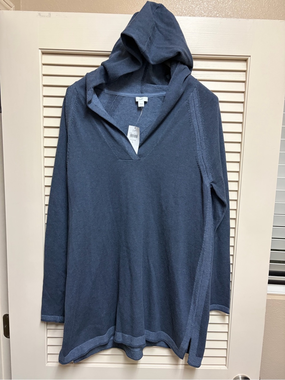 J Jill Hooded Tunic Sweater Womens L Blue Atlantic Cotton Blend Lagenlook NWT